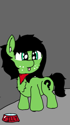 Size: 1440x2560 | Tagged: safe, artist:scotch, oc, oc:anon filly, pony, bandana, chest fluff, ear fluff, female, filly, food bowl, freckles, tongue out