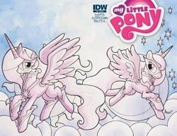 Size: 1600x1237 | Tagged: safe, artist:agnesgarbowska, idw, princess celestia, princess luna, alicorn, pony, cover, superhero