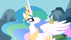 Size: 1366x768 | Tagged: safe, screencap, princess celestia, alicorn, parasprite, pony, swarm of the century