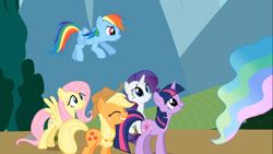 Size: 1366x768 | Tagged: safe, screencap, applejack, fluttershy, princess celestia, rainbow dash, rarity, twilight sparkle, alicorn, earth pony, pegasus, pony, unicorn, swarm of the century, eyes closed, flying, frown, grin, nervous, princess celestia's hair, smiling, spread wings, standing, twiface, worried