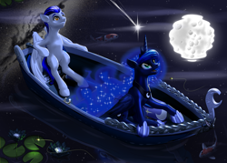 Size: 4200x3000 | Tagged: safe, artist:mykegreywolf, princess luna, oc, alicorn, fish, pony, boat, full moon, koi, lake, lilypad, lotus (flower), moon, night, smiling, stars, water