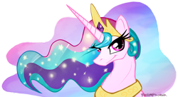 Size: 1177x640 | Tagged: safe, artist:rosemary-the-skunk, princess celestia, alicorn, pony, bust, crown, female, horn, mare, multicolored mane, solo, white coat