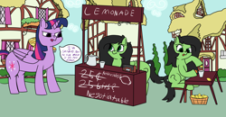 Size: 3000x1555 | Tagged: safe, artist:anonymous, twilight sparkle, twilight sparkle (alicorn), oc, oc:anon filly, alicorn, earth pony, pony, building, bush, chair, cloud, cup, dialogue, female, filly, food, grass, juice, lemon, lemonade, lemonade stand, pitcher, ponyville, question mark, radio, sign, sitting, smiling, table, text, tongue out, tree, writing