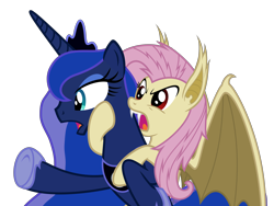 Size: 6000x4500 | Tagged: safe, artist:magister39, fluttershy, princess luna, bat pony, pony, undead, vampire, vampony, absurd resolution, bat ponified, fangs, flutterbat, glare, hug, imminent bite, race swap, rearing, simple background, surprised, transparent background, vector