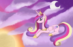 Size: 1330x861 | Tagged: safe, artist:mel-rosey, princess cadance, alicorn, pony, cloud, female, mare, moon, solo, sun