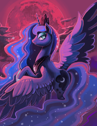 Size: 2550x3300 | Tagged: dead source, safe, artist:matrosha123, princess luna, alicorn, pony, cloud, crown, full moon, high res, jewelry, limited palette, moon, raised hoof, regalia, solo, spread wings, two toned wings, wings