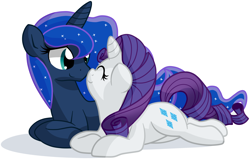 Size: 2762x1759 | Tagged: safe, artist:furrgroup, princess luna, rarity, alicorn, pony, unicorn, boop, cute, female, lesbian, noseboop, nuzzling, prone, rariluna, shipping, smiling