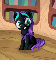 Size: 1907x2024 | Tagged: safe, artist:irisarco, derpibooru exclusive, oc, oc:nyx, alicorn, pony, book, clothes, cute, female, filly, glasses, golden oaks library, headband, smiling, solo, vest