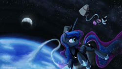 Size: 3000x1688 | Tagged: safe, artist:darkflame75, princess luna, twilight sparkle, alicorn, pony, lunadoodle, moon, space