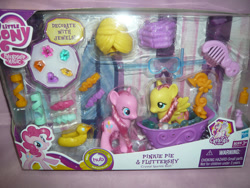 Size: 800x600 | Tagged: safe, fluttershy, pinkie pie, princess cadance, spoiler:s03, bath, brushable, bubble, comb, crystal empire, hasbro, hub logo, hubble, irl, photo, shower, toy