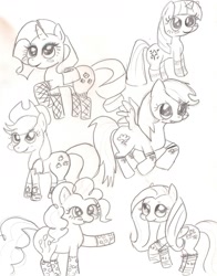 Size: 1280x1633 | Tagged: safe, artist:krystalflamingo, derpibooru import, applejack, fluttershy, pinkie pie, rainbow dash, rarity, twilight sparkle, earth pony, pegasus, pony, unicorn, clothes, female, mane six, mare, monochrome, socks