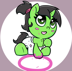 Size: 1028x1024 | Tagged: safe, artist:lazynore, oc, oc only, oc:anon filly, pony, unicorn, babby, baby, baby pony, blush sticker, blushing, chest fluff, circle, cute, diaper, female, filly, hnnng, ocbetes, paint, ponytail, solo