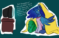 Size: 946x611 | Tagged: artist needed, safe, princess luna, oc, oc:anon, human, blanket, dialogue, infomercial, television
