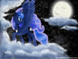 Size: 1024x768 | Tagged: safe, artist:lillyflover, princess luna, alicorn, pony, cloud, cloudy, looking back, moon, night, solo