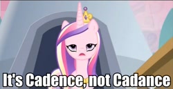 Size: 831x430 | Tagged: safe, screencap, princess cadance, alicorn, pony, cadence correction, image macro, meta, not serious, solo, spelling, text