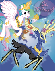 Size: 2547x3294 | Tagged: safe, artist:inkrose98, princess celestia, alicorn, pony, badge, crossover, pokéball, pokémon, xerneas