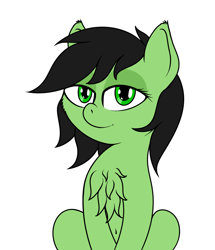 Size: 894x1041 | Tagged: safe, artist:shpoople, oc, oc only, oc:anon filly, earth pony, pony, belly button, cheek fluff, chest fluff, ear fluff, female, filly, lidded eyes, looking at you, simple background, sitting, smiling, solo, white background