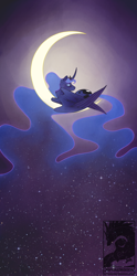 Size: 900x1819 | Tagged: safe, artist:japandragon, princess luna, alicorn, pony, crescent moon, curved horn, double night, ethereal mane, eyes closed, female, impossibly large wings, mare, moon, night, on side, sky, sleeping, solo, starry mane, stars, surreal, tangible heavenly object