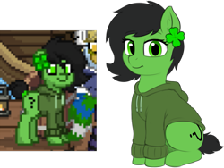 Size: 1573x1181 | Tagged: safe, artist:smoldix, oc, oc only, oc:anon filly, earth pony, pony, clothes, ear fluff, ear piercing, earring, female, filly, hoodie, jewelry, looking at you, piercing, pixel art, pixelated, pony town, question mark, short tail, simple background, sitting, smiling, transparent background