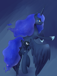 Size: 800x1066 | Tagged: dead source, safe, artist:zilvtree, princess luna, alicorn, pony, balancing, bedroom eyes, looking at you, looking back, moonbutt, plot, raised leg, rearing, smiling, solo, spread wings