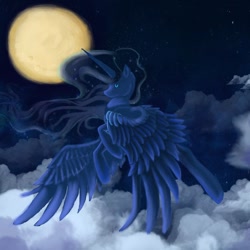 Size: 894x894 | Tagged: safe, artist:thecraftywhitefox, princess luna, alicorn, pony, cloud, cloudy, flying, moon, night, solo