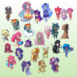 Size: 1024x1024 | Tagged: safe, artist:the-knick, apple bloom, applejack, derpy hooves, dj pon-3, fluttershy, granny smith, octavia melody, pinkie pie, princess celestia, princess luna, queen chrysalis, rainbow dash, rarity, scootaloo, sweetie belle, twilight sparkle, twilight sparkle (alicorn), vinyl scratch, zecora, oc, oc:fluffle puff, alicorn, human, chibi, cloak, clothes, cutie mark crusaders, dark skin, gradient background, humanized, light skin, mane six, party cannon, pinkamena diane pie, s1 luna, sweater, sweatershy, young granny smith