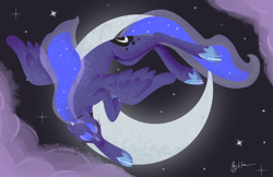 Size: 5100x3300 | Tagged: safe, artist:floots, princess luna, alicorn, pony, crescent moon, eyes closed, flying, solo, transparent moon