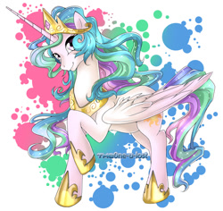 Size: 1000x945 | Tagged: safe, artist:the0ne-u-lost, princess celestia, alicorn, pony, crown, female, horn, mare, multicolored mane, multicolored tail, solo, white coat, white wings, wings