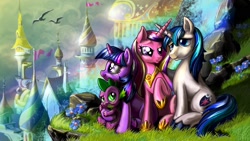 Size: 1920x1080 | Tagged: safe, artist:harwick, princess cadance, shining armor, spike, twilight sparkle, alicorn, dragon, pony, unicorn, canterlot, female, flower, grass, male, mare, rock, stallion, wallpaper