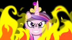 Size: 1024x576 | Tagged: safe, princess cadance, alicorn, pony, crown, female, fire, horn, mare, multicolored mane, solo, wallpaper