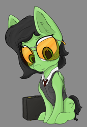Size: 1348x1973 | Tagged: safe, artist:enragement filly, oc, oc:anon filly, pegasus, pony, briefcase, clothes, confused, female, filly, glasses, looking at you, necktie, shirt, waistcoat