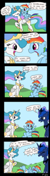 Size: 528x1861 | Tagged: safe, artist:tifu, princess celestia, princess luna, rainbow dash, alicorn, pegasus, pony, :o, annoyed, comic, derp, dialogue, eyes closed, flip n whirl rainbow dash, floppy ears, glare, i'm a princess are you a princess too?, laughing, meta, my wings are so pretty, on back, open mouth, ponies riding ponies, pun, raised hoof, sitting, smiling, spread wings, talking toy, toy, toylestia, yelling