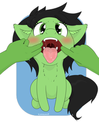 Size: 2160x2650 | Tagged: safe, alternate version, artist:kumakum, oc, oc only, oc:anon, oc:anon filly, earth pony, pony, blushing, drool, female, filly, looking at you, mawshot, offscreen character, open mouth, pov, sitting, uvula