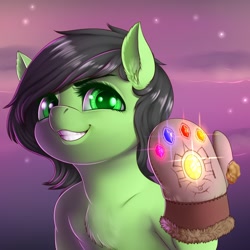 Size: 860x860 | Tagged: safe, artist:dankflank, oc, oc:anon filly, pony, avengers, bust, crystal, face, female, filly, infinity gauntlet, magic, meme, omnipotence, portrait, smiling, thanos, xk-class end-of-the-world scenario