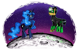 Size: 1937x1237 | Tagged: safe, artist:saturdaymorningproj, princess luna, alicorn, pony, :o, bodysuit, crossover, dc comics, floating, green lantern, horn ring, kyle rayner, moon, ponified, raised leg, surprised