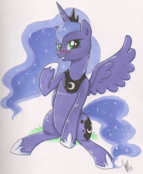 Size: 900x1096 | Tagged: safe, artist:kikaru-studios, princess luna, alicorn, pony, blushing, female, horn, mare, solo