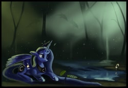 Size: 1078x741 | Tagged: safe, artist:auroriia, princess luna, alicorn, pony, dream, floppy ears, frown, mentor, prone, sapling, solo, spread wings, watching, water