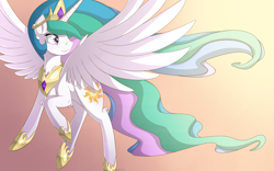 Size: 3840x2400 | Tagged: safe, artist:thebatfang, princess celestia, alicorn, pony, crown, female, horn, mare, multicolored mane, multicolored tail, solo, white coat, white wings, wings