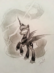 Size: 2448x3264 | Tagged: safe, artist:antonny195, princess luna, alicorn, pony, glowing eyes, magic, monochrome, solo, traditional art