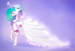 Size: 2804x1915 | Tagged: safe, artist:scheadar, princess celestia, alicorn, pony, clothes, dress, eyes closed, female, flower, mare, smiling, solo, veil, wedding dress