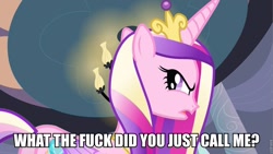 Size: 960x540 | Tagged: safe, princess cadance, alicorn, pony, angry, female, horn, image macro, vulgar