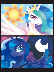 Size: 599x800 | Tagged: safe, artist:kurieto, princess celestia, princess luna, alicorn, pony, duo, female, mare, moon, royal sisters, sun