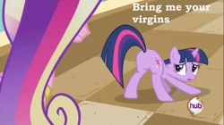 Size: 850x477 | Tagged: safe, edit, edited screencap, screencap, princess cadance, twilight sparkle, alicorn, pony, caption, hub logo, image macro, plot, virgin