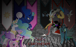 Size: 2880x1800 | Tagged: safe, artist:hopeabandoner, discord, king sombra, princess cadance, princess celestia, princess luna, queen chrysalis, alicorn, changeling, changeling queen, pony, unicorn, age of canterlot, age of empires, banner