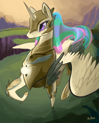 Size: 1000x1250 | Tagged: safe, artist:nivrozs, princess celestia, alicorn, pony, armor, female, galloping, glow, mare, orb, raised hoof, smiling, solo, spread wings