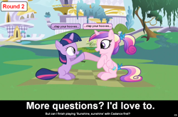 Size: 1024x672 | Tagged: safe, princess cadance, twilight sparkle, alicorn, pony, comic:celestia's servant interview, caption, filly, filly twilight sparkle, foal, interview, meta