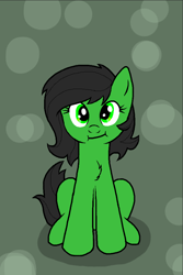 Size: 640x960 | Tagged: safe, artist:cyvonix, oc, oc:anon filly, pony, :i, adoranon, bokeh, chest fluff, cute, female, filly, green background, simple background, solo