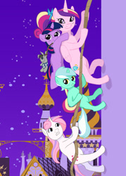 Size: 900x1260 | Tagged: safe, artist:reashi, lyra heartstrings, moondancer (g1), princess cadance, smarty pants, twilight sparkle, alicorn, pony, g1, adventures in babysitting, filly, g1 to g4, generation leap, rope