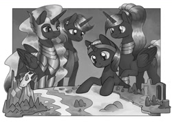 Size: 1100x797 | Tagged: safe, artist:lexx2dot0, artist:maytee, oc, oc only, oc:nyx, alicorn, pony, fanfic:glimpses, alicorn oc, armor, female, filly, mare, monochrome, self ponidox