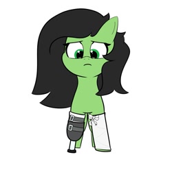 Size: 1159x1151 | Tagged: artist needed, safe, oc, oc only, oc:anon filly, earth pony, pony, amputee, bandage, female, filly, frown, looking down, prosthetic limb, prosthetics, sad, simple background, solo, white background